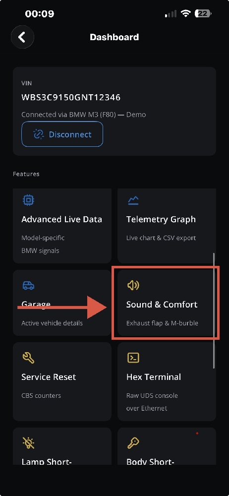 Select Sound and Comfort Menu in DiagBimmer