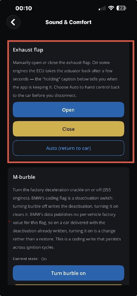 DiagBimmer Exhaust Flap Open Close Auto Buttons