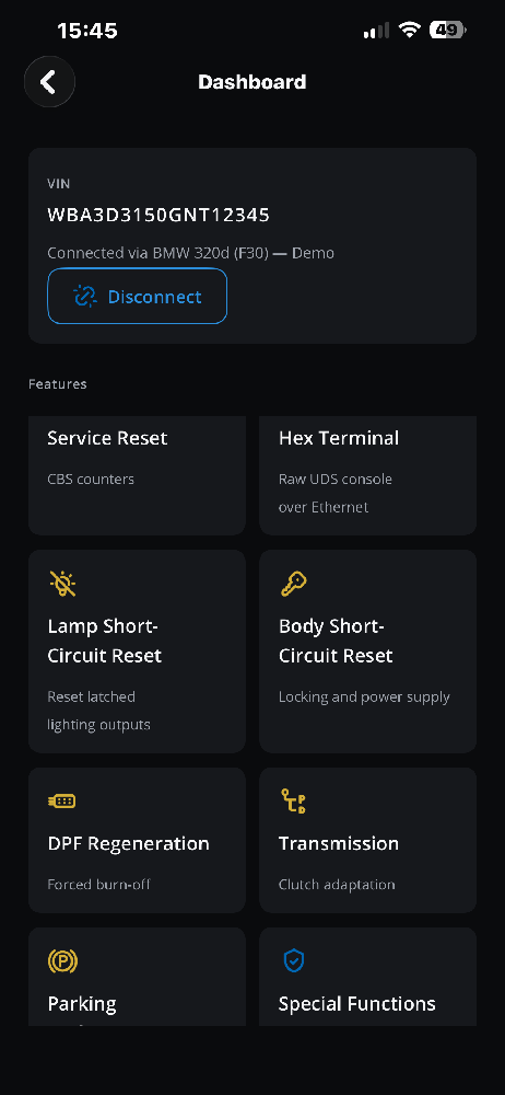 DiagBimmer Dashboard Menüsü ve Lamp Short-Circuit Reset Seçeneği