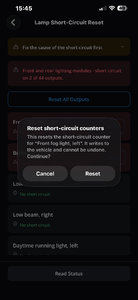 Reset Short-Circuit Counters Sıfırlama Onay Ekranı
